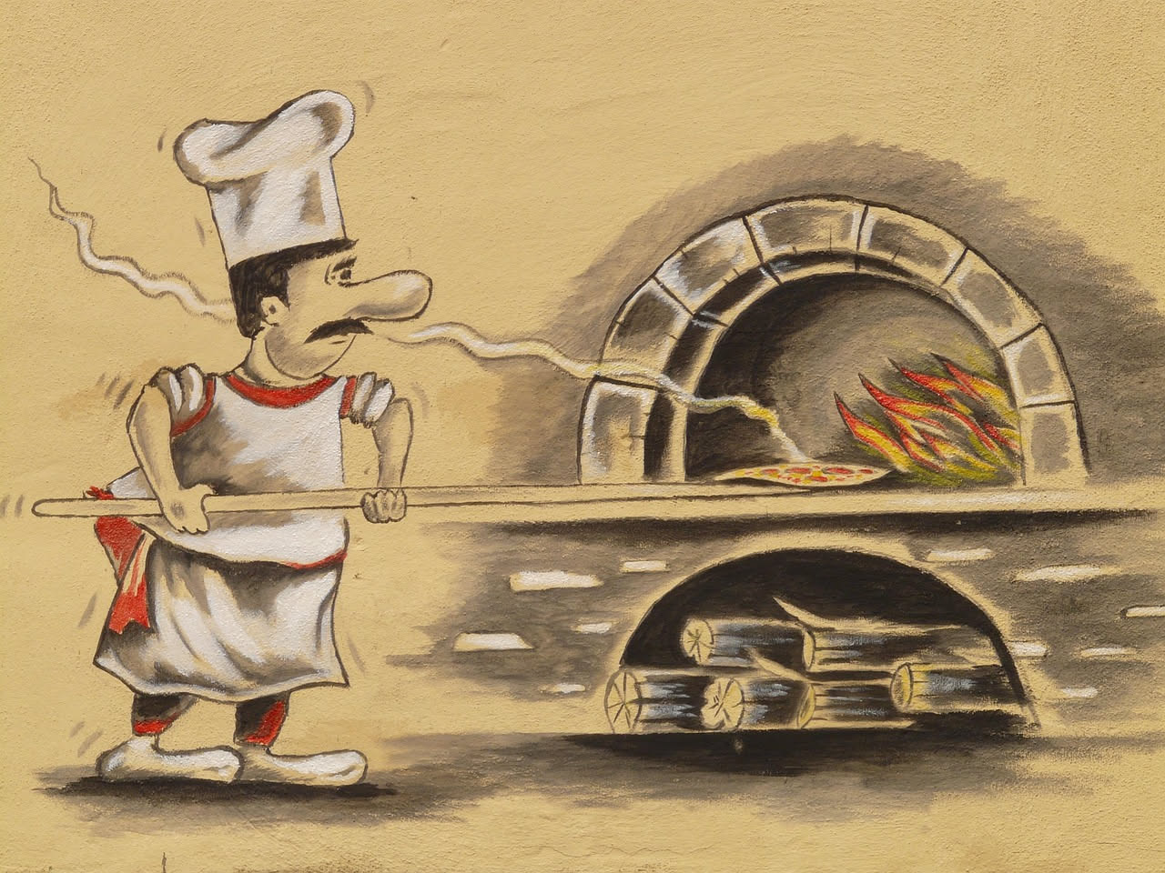 Interno di una pizzeria napoletana d'epoca con forno in muratura in fondo, banco di vendita in legno in primo piano e pareti in pietra intonacate, con pochi attrezzi in metallo appesi alle pareti