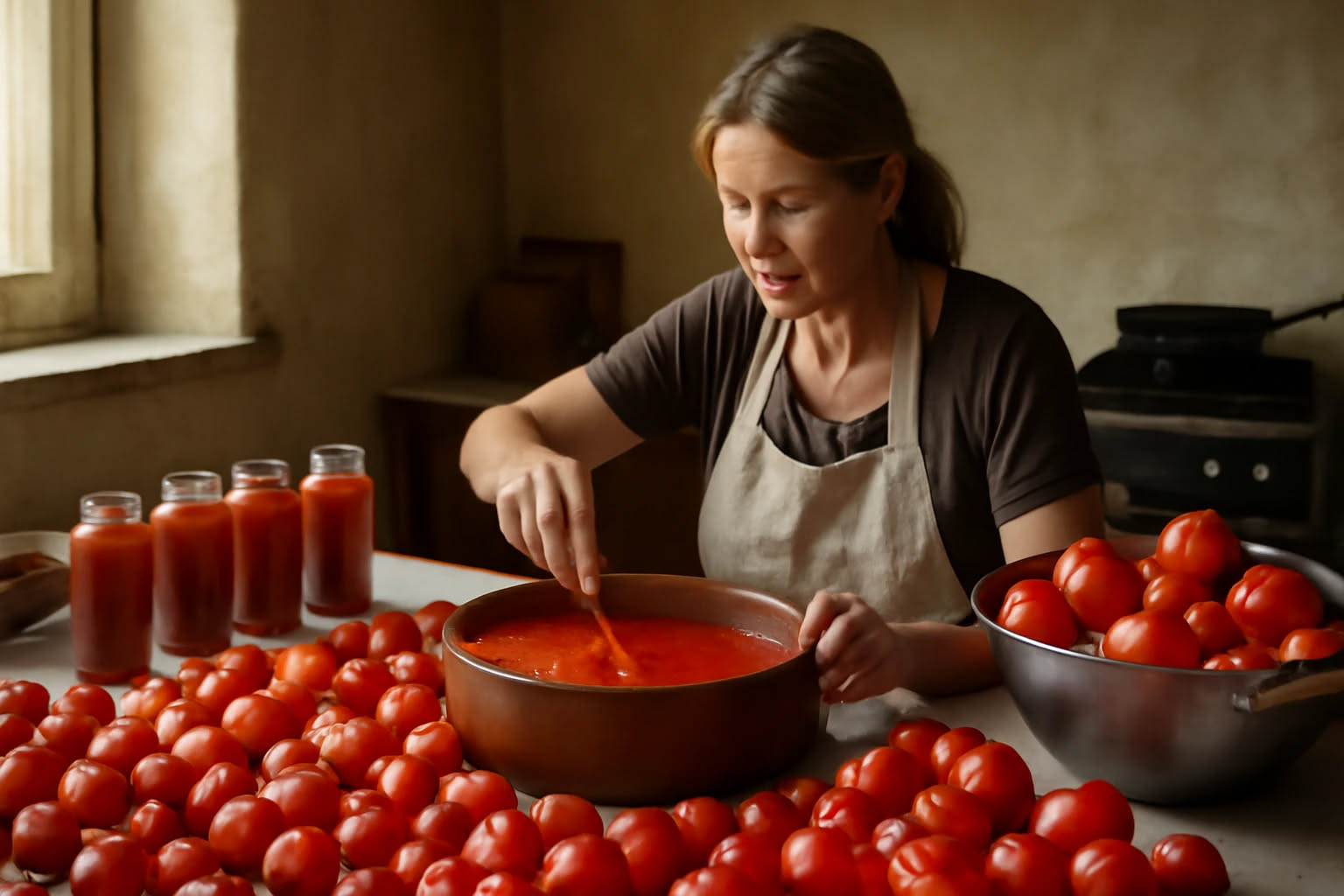 Barattoli di vetro trasparente con passata di pomodoro rosso scuro, impilati in file ordinate su un tavolo di legno rustico, con pomodori freschi e foglie di basilico accanto