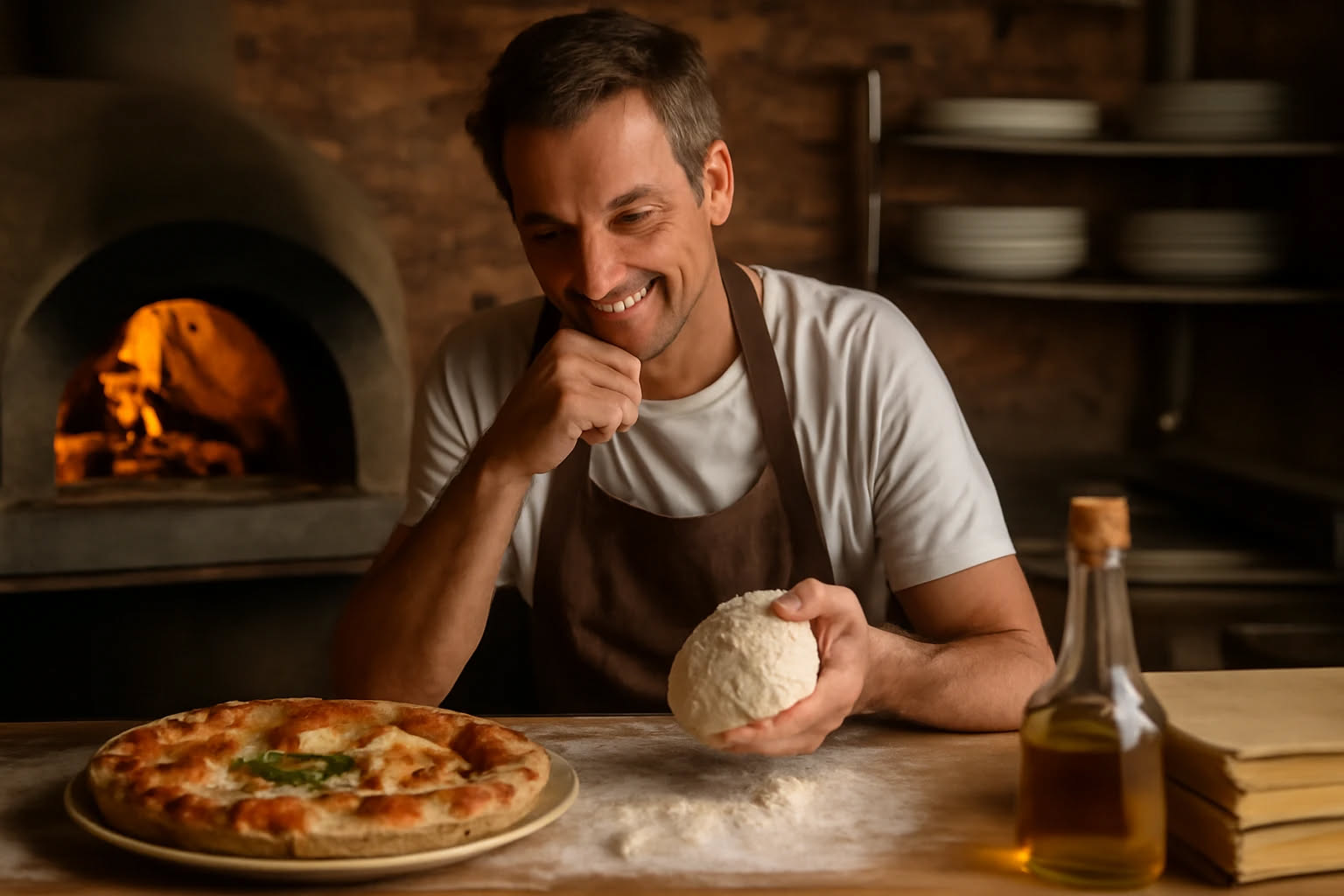 Primo piano di mani di pizzaiolo che allargano l'impasto su banco di lavoro in legno, con scritte di ricette su lavagna nera sullo sfondo