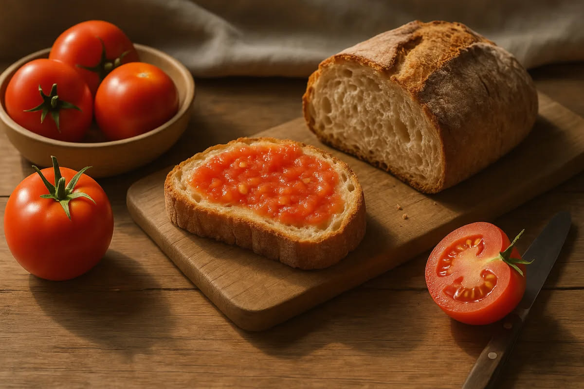 Pomodori rossi maturi appena colti in una pianura campana, con le foglie ancora verdi, su uno sfondo di campi coltivati sotto il sole meridionale