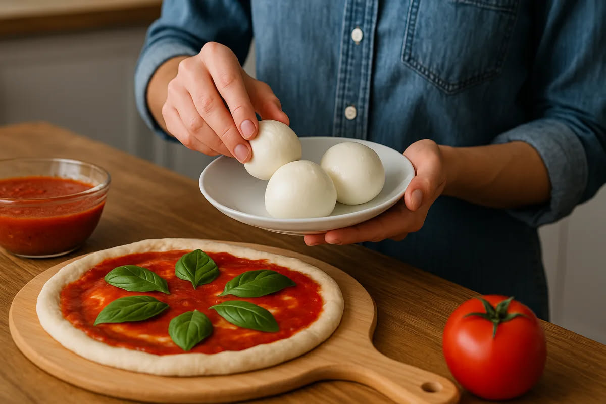 Pizza in teglia romana con basilico verde appena spezzato sulla superficie ancora calda, mozzarella filante, pomodori freschi rossi e olio d'oliva lucente