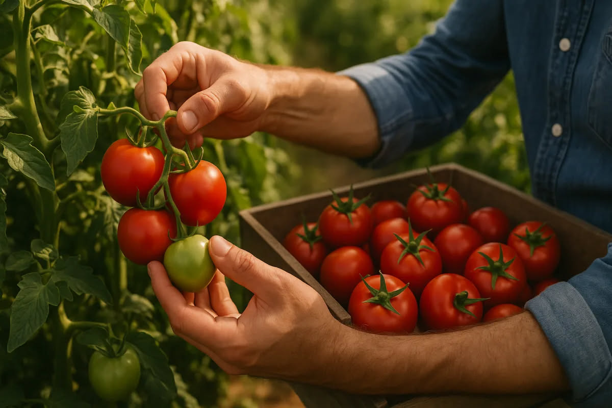Ciotola con pomodorini freschi rossi accanto a lattina di pelati e passata di pomodoro, su piano di marmo bianco con foglie di basilico