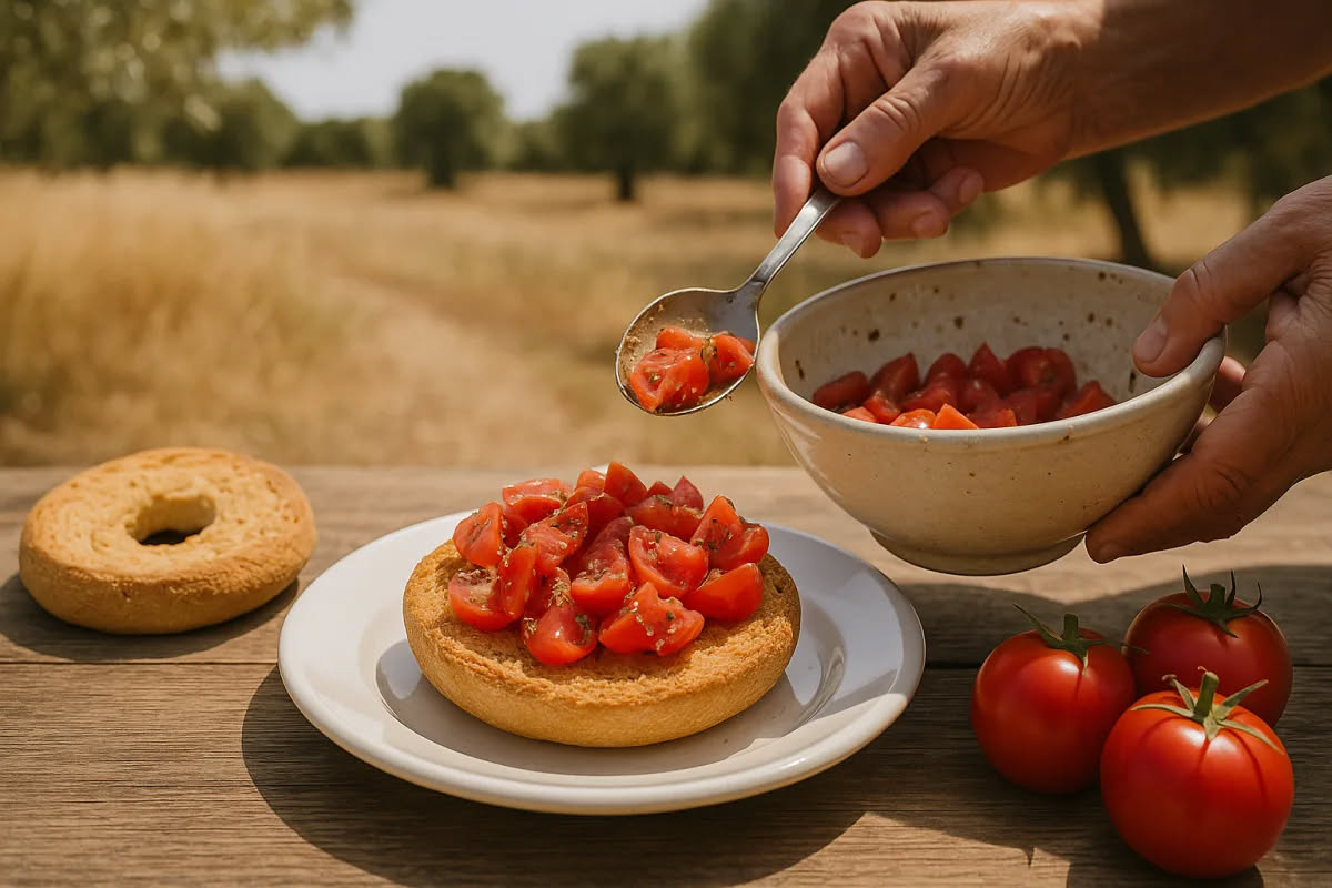 Mani che stendono un impasto di pizza su una superficie di farina, visto dall'alto, con la texture dell'impasto visibile e la forma circolare che prende forma