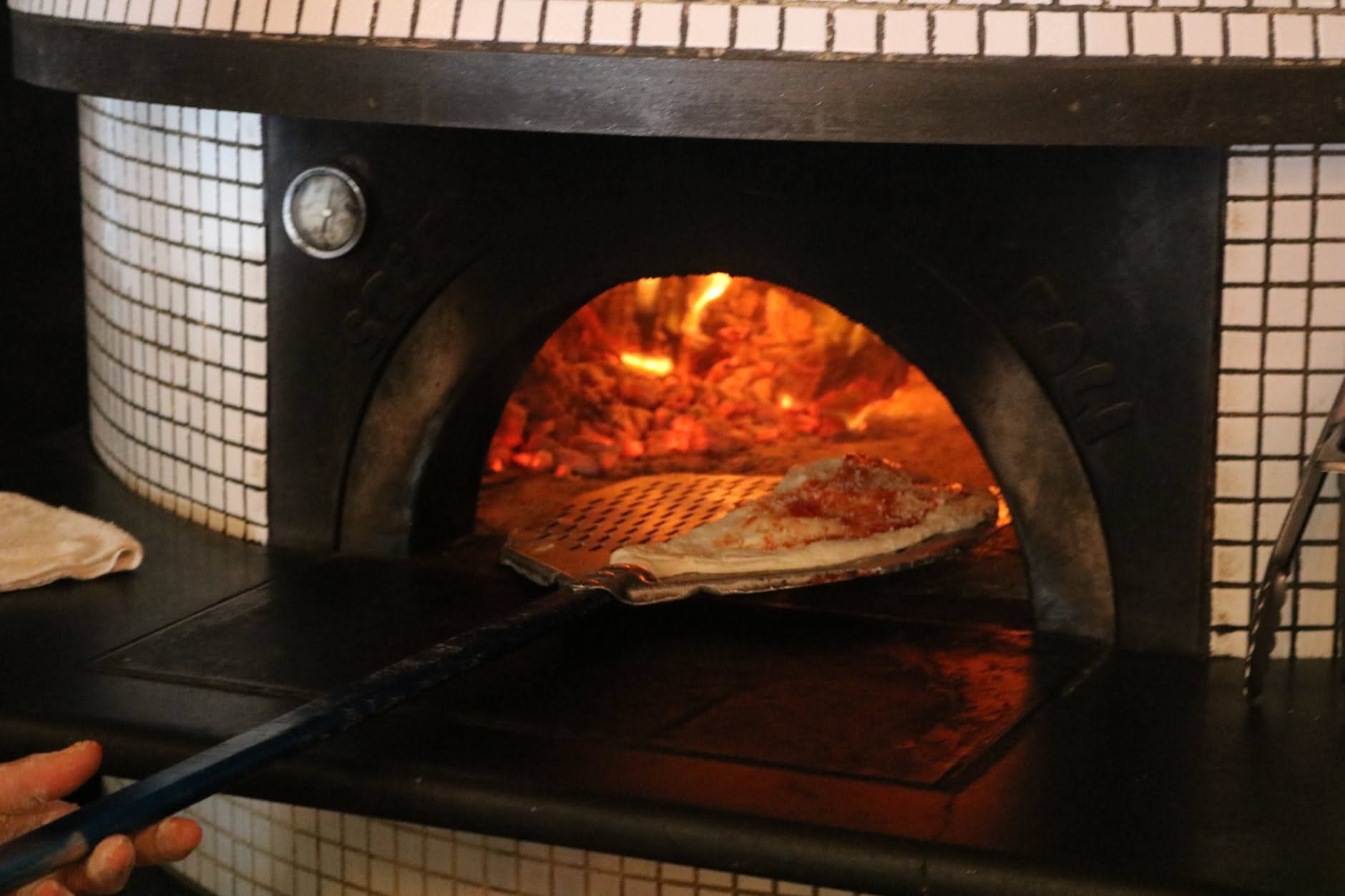 Panzerotti pugliesi dorati appena fritti su carta assorbente, uno aperto con mozzarella filante